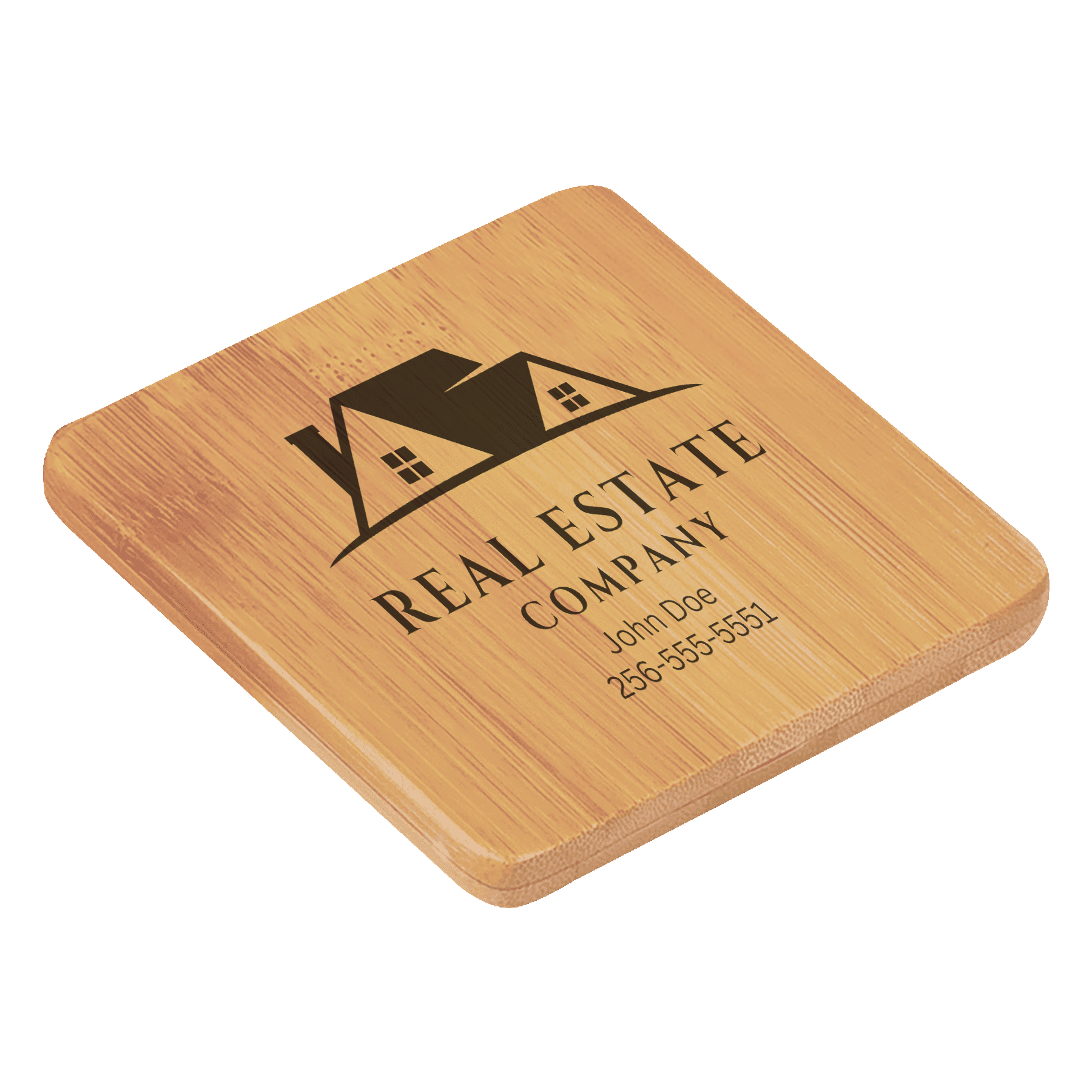 Bamboo coaster engraved with a real estate company logo