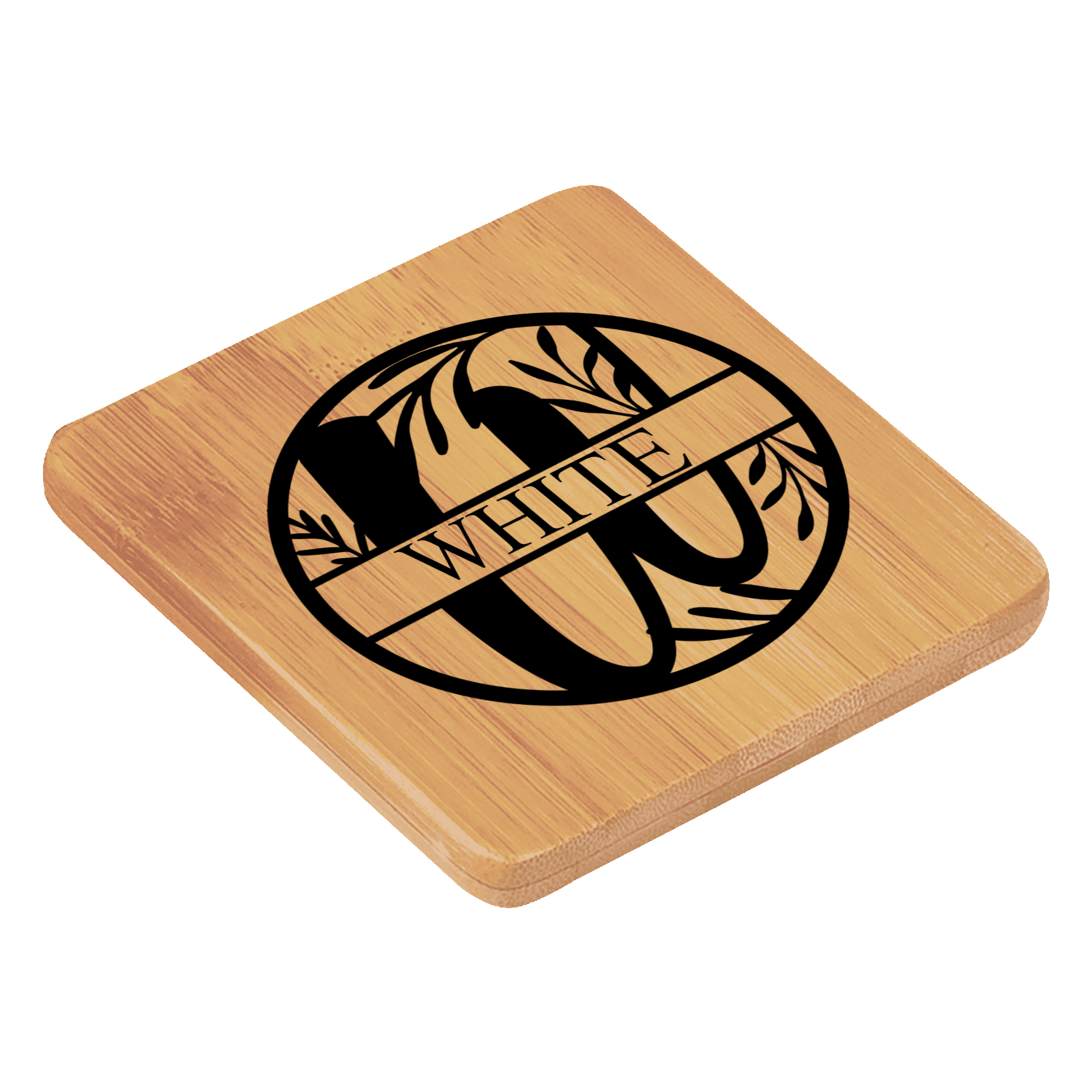 Monogrammed bamboo coaster with white name design